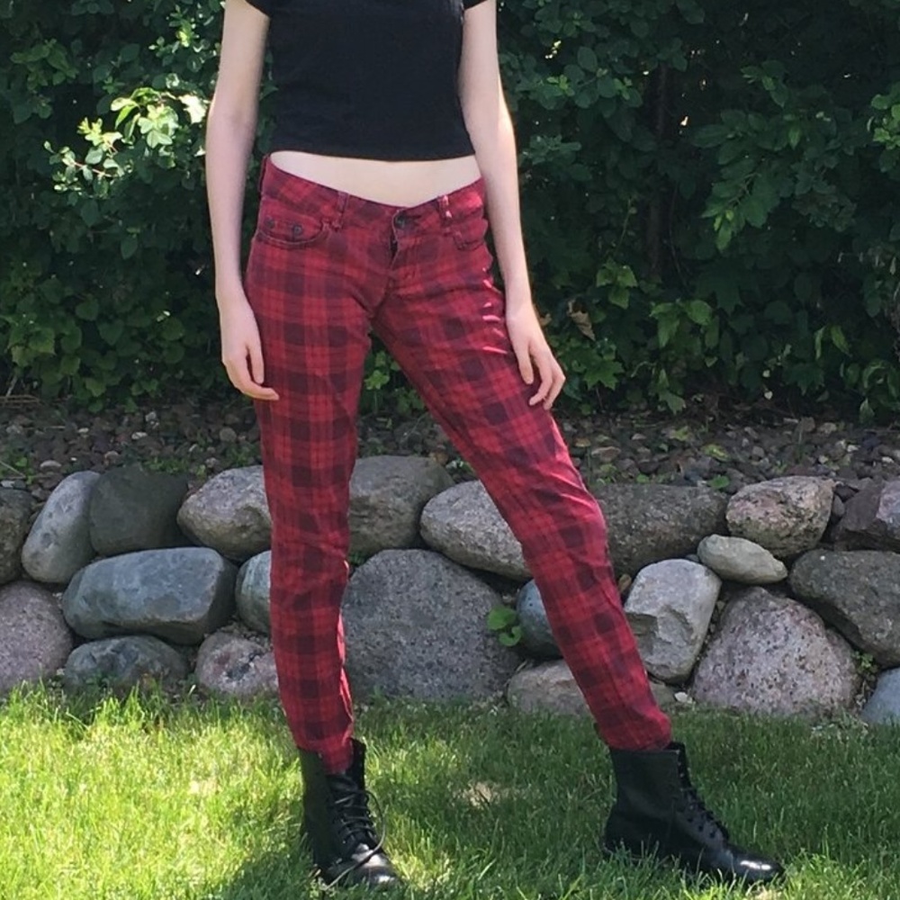 Truce Punk Red Plaid Skinny Jeans Denim